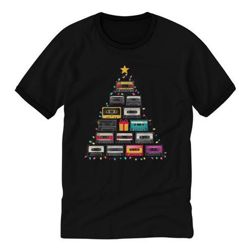 Cassette Tape Christmas Tree Graphic 80s 90s Retro Nostalgia Unisex Cotton Ringer T-Shirt - Figerry