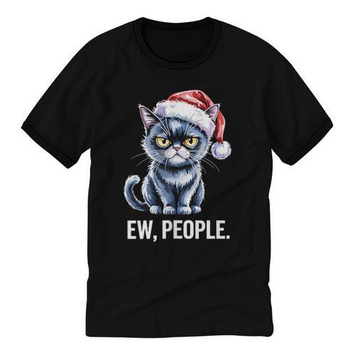 Ew People Christmas Cat Santa Hat Dad Introvert Unisex Cotton Ringer T-Shirt - Raresse
