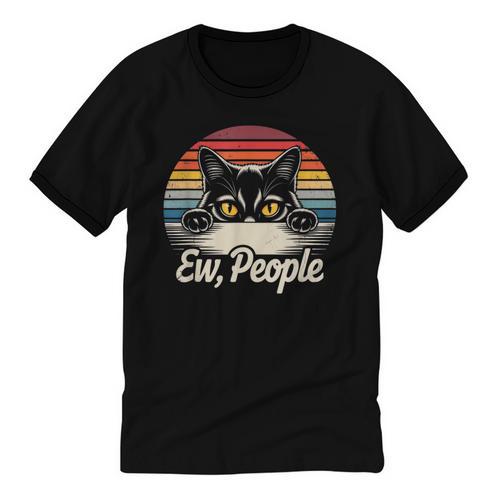 Ew People Retro Cat Vintage Anti Social Introvert Unisex Cotton Ringer T-Shirt - Raresse