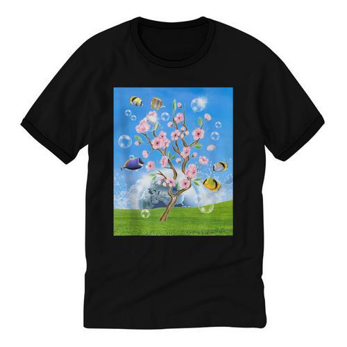Frutiger Aero Aesthetic Tech Cherry Blossom Fishes Bubbles Unisex Cotton Ringer T-Shirt - Figerry