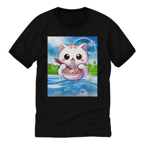 Frutiger Aero Aesthetic Tech Kawaii Ramen Cat Fishes Unisex Cotton Ringer T-Shirt - Figerry