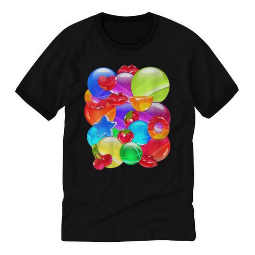 Frutiger Aero Aesthetic Tech Orb Pattern Heart Cherry Lips Unisex Cotton Ringer T-Shirt - Figerry