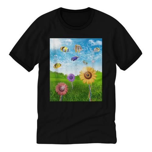 Frutiger Aero Aesthetic Tech Scenery Fishes Sunflower Unisex Cotton Ringer T-Shirt - Figerry