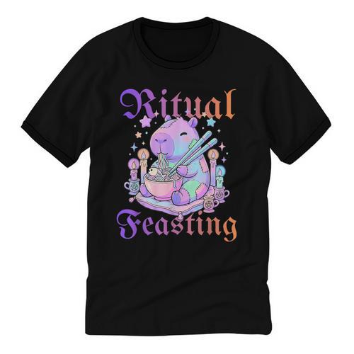 Goth Capybara Ramen Ritual Feasting Soft Introvert Art Unisex Cotton Ringer T-Shirt - Raresse