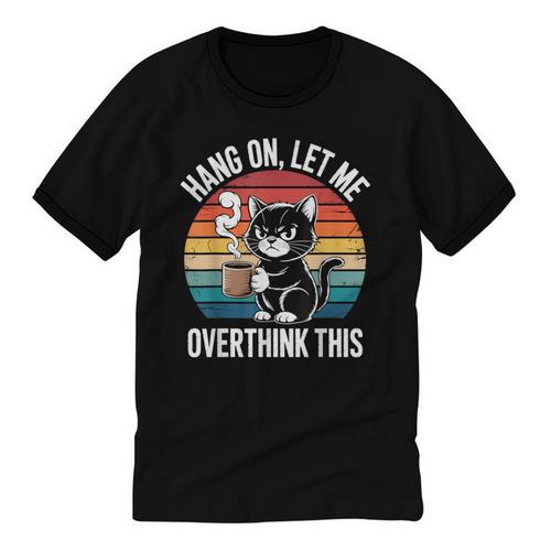 Hang On Let Me Overthink Cat Coffee Retro Introvert Unisex Cotton Ringer T-Shirt - Raresse