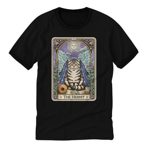 The Hermit Cat Tarot Card Introvert By Georgi Unisex Cotton Ringer T-Shirt - Raresse
