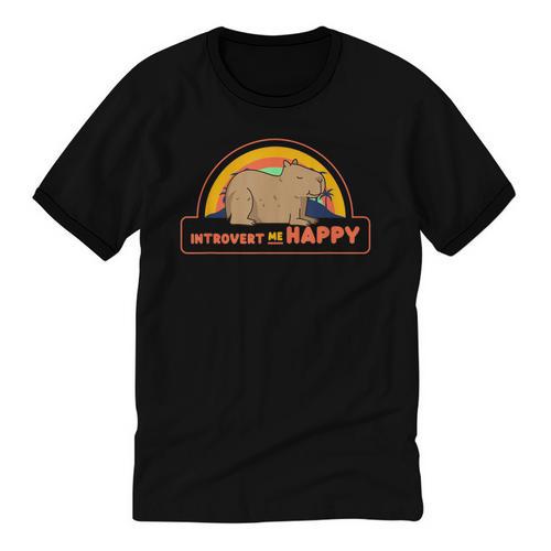 Introvert Me Happy Retro Sunset Capybara Tee Unisex Cotton Ringer T-Shirt - Raresse