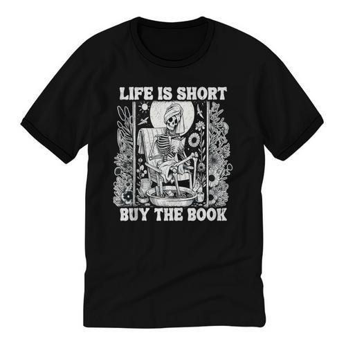 Life Is Short Buy The Book Introvert Skeleton Reading Unisex Cotton Ringer T-Shirt - Raresse