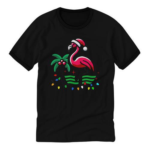 Nostalgia Holiday Tees -Adult Christmas Flamingo Small Short Sleeve Crew Neck Cotton Polyester Lightweight Ribbed Cuff Winter Unisex Cotton Ringer T-Shirt - Figerry