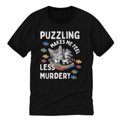 Puzzling Makes Me Feel Less Murdery Introvert Puzzle Cat Unisex Cotton Ringer T-Shirt - Raresse