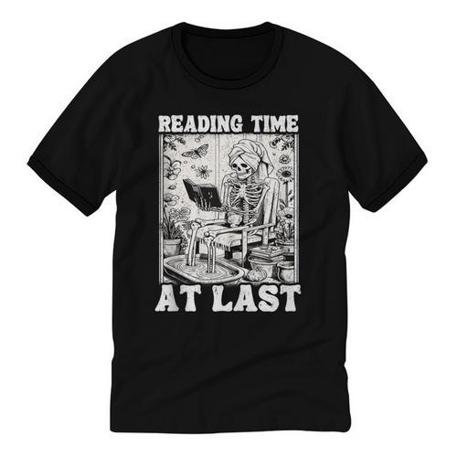 Reading Time At Last Book Lover Introvert Skeleton Reading Unisex Cotton Ringer T-Shirt - Raresse