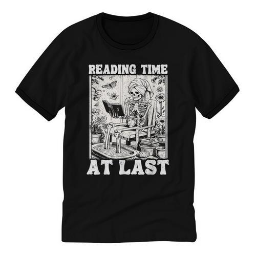 Reading Time At Last Book Lover Introvert Skeleton Reading Unisex Cotton Ringer T-Shirt - Raresse