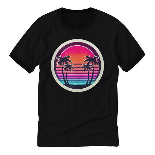 Retro 80s Synthwave Sunset & Palm Trees Retro Nostalgia 80s Unisex Cotton Ringer T-Shirt - Figerry