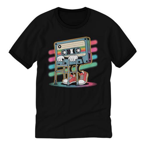 Retro Old Cassette Tape Cartoon With Walker Nostalgia Unisex Cotton Ringer T-Shirt - Figerry