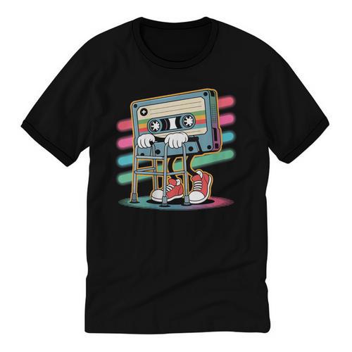 Retro Old Cassette Tape Cartoon With Walker Nostalgia Unisex Cotton Ringer T-Shirt - Figerry
