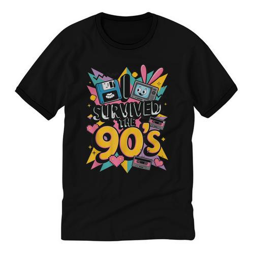 I Survived The 90s – Cute Retro Cartoon Nostalgia Unisex Cotton Ringer T-Shirt - Figerry