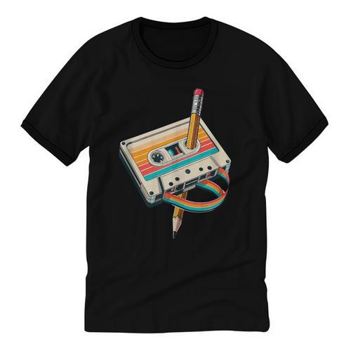 Vintage Pencil Rewind Cassette Tape Nostalgia Party 80s 90s Unisex Cotton Ringer T-Shirt - Figerry