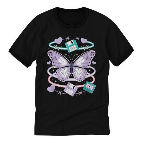 Y2K Butterfly Floppy Disk Art Digital Nostalgia Unisex Cotton Ringer T-Shirt - Figerry