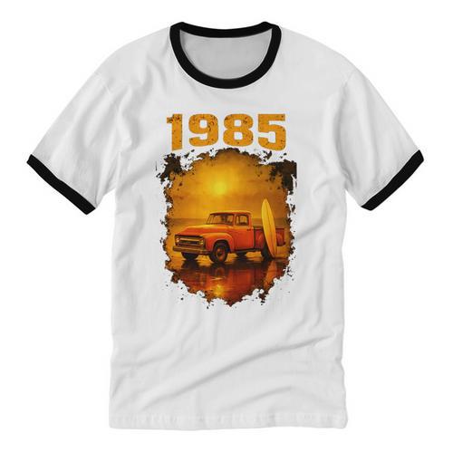 1985 Vintage Sunset Surf Truck Retro Beach Nostalgia Unisex Cotton Ringer T-Shirt - Figerry