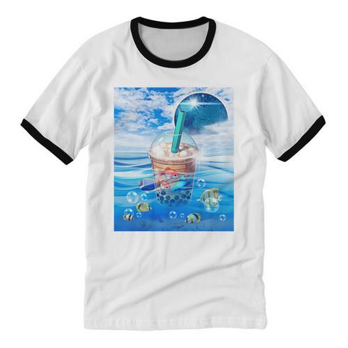 Frutiger Aero Aesthetic Tech Bubble Tea Boba Milktea Fishes Unisex Cotton Ringer T-Shirt - Figerry