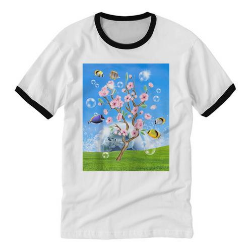Frutiger Aero Aesthetic Tech Cherry Blossom Fishes Bubbles Raglan Baseball Tee Unisex Cotton Ringer T-Shirt - Figerry