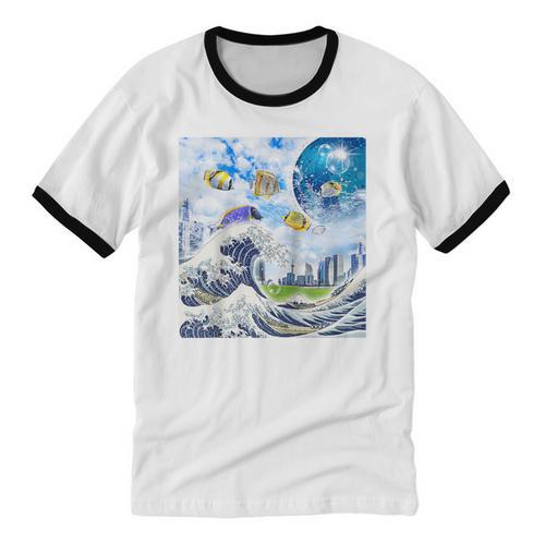 Frutiger Aero Aesthetic Tech Great Wave Of Kanagawa Fishes Raglan Baseball Tee Unisex Cotton Ringer T-Shirt - Figerry