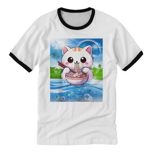 Frutiger Aero Aesthetic Tech Kawaii Ramen Cat Fishes Raglan Baseball Tee Unisex Cotton Ringer T-Shirt - Figerry