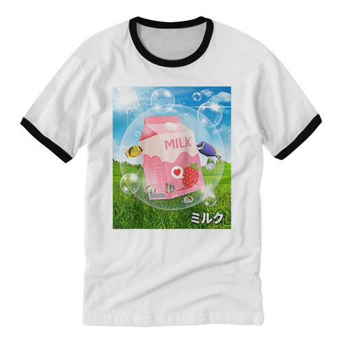 Frutiger Aero Aesthetic Tech Kawaii Strawberry Milk Fishes Raglan Baseball Tee Unisex Cotton Ringer T-Shirt - Figerry