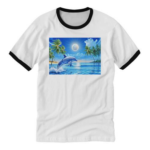 Frutiger Aero Dolphin Sunset Ocean With Palm Trees Y2k Premium Unisex Cotton Ringer T-Shirt - Figerry