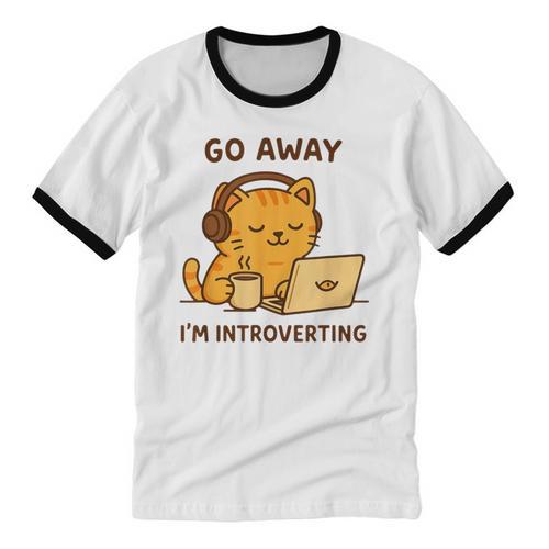 Go Away I'm Introverting Cozy Cat With Laptop And Coffee Unisex Cotton Ringer T-Shirt - Raresse