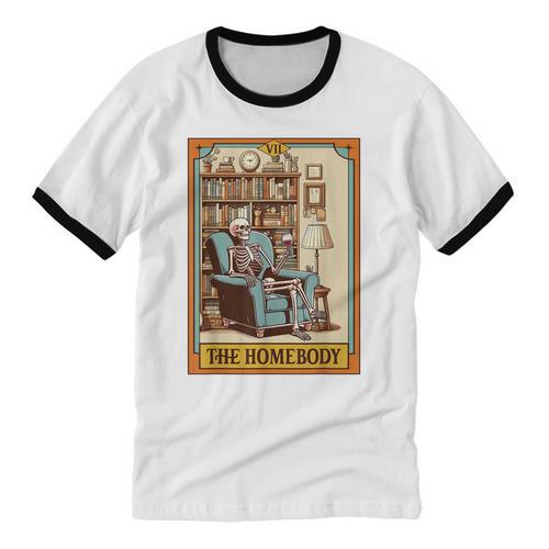 Introvert Homebody Awkward Skeleton The Homebody Tarot Card Unisex Cotton Ringer T-Shirt - Raresse