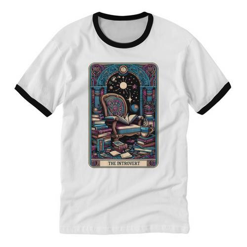 Mystical Library Book Reader The Introvert Tarot Card Unisex Cotton Ringer T-Shirt - Raresse