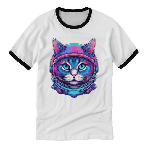 Retro 80s Cat In Space Suit Nostalgia Cat Vintage Astronaut Unisex Cotton Ringer T-Shirt - Figerry