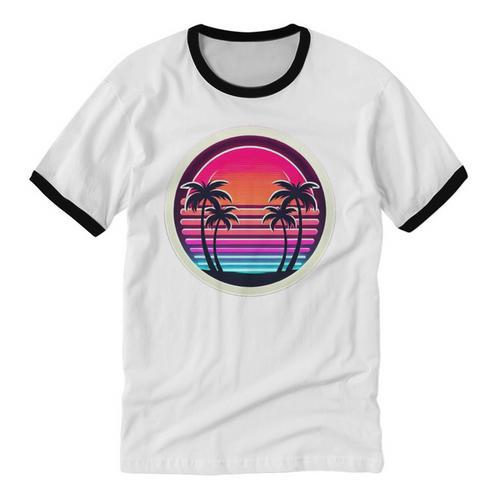 Retro 80s Synthwave Sunset & Palm Trees Retro Nostalgia 80s Unisex Cotton Ringer T-Shirt - Figerry