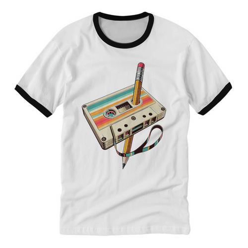 Retro Cassette Tape & Pencil Rewind Nostalgia Party 80s 90s Premium Unisex Cotton Ringer T-Shirt - Figerry
