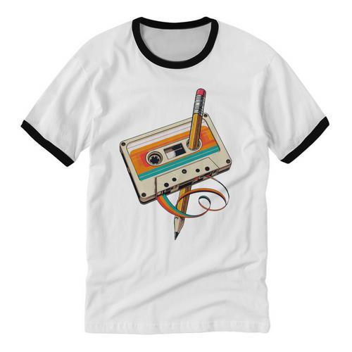 Retro Cassette Tape & Pencil Rewind Nostalgia Party 80s 90s Unisex Cotton Ringer T-Shirt - Figerry