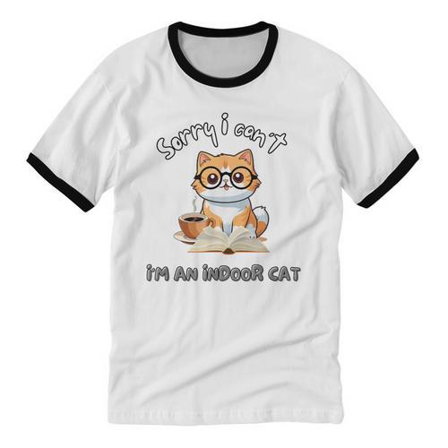 Sorry I Can't Indoor Cat Top For Introvert With Coffee Book Unisex Cotton Ringer T-Shirt - Raresse