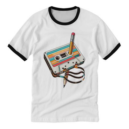 Vintage Cassette Tape And Pencil Nostalgia Party 70s 80s 90s Premium Unisex Cotton Ringer T-Shirt - Figerry