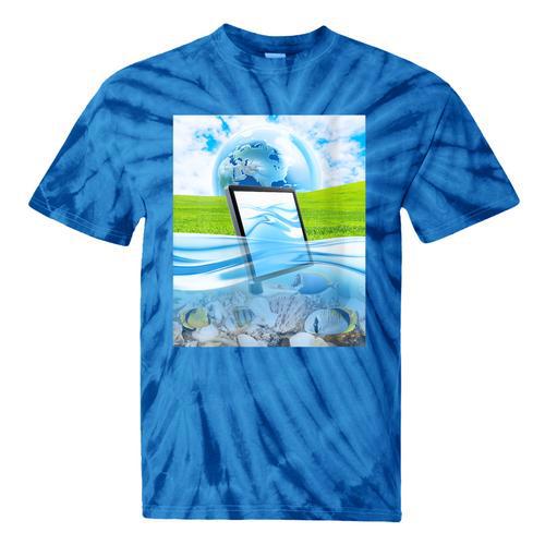 Frutiger Aero Aesthetic Tech Water Fishes Monitor Screen Tie-Dye T-Shirts - Figerry