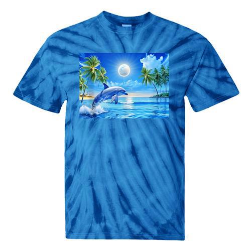 Frutiger Aero Dolphin Sunset Ocean With Palm Trees Y2k Tie-Dye T-Shirts - Figerry