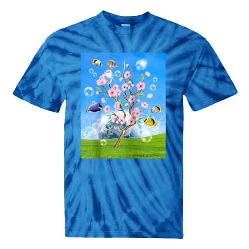 Frutiger Aero Aesthetic Tech Cherry Blossom Fishes Bubbles Raglan Baseball Tee Tie-Dye T-Shirts - Figerry
