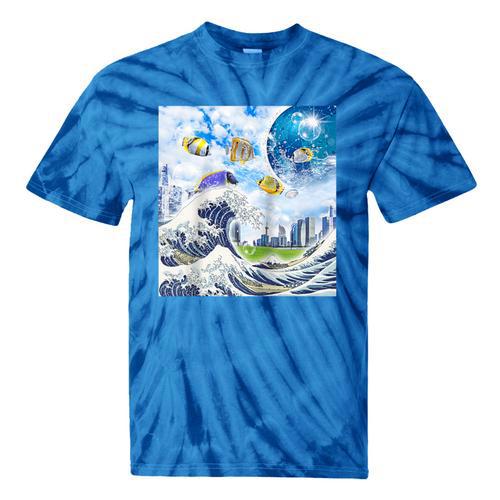 Frutiger Aero Aesthetic Tech Great Wave Of Kanagawa Fishes Raglan Baseball Tee Tie-Dye T-Shirts - Figerry