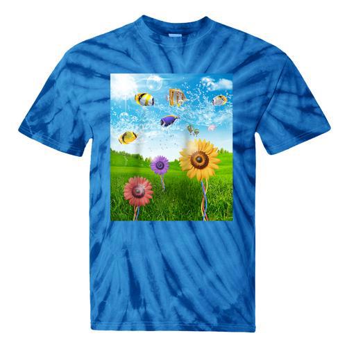 Frutiger Aero Aesthetic Tech Scenery Fishes Sunflower Raglan Baseball Tee Tie-Dye T-Shirts - Figerry