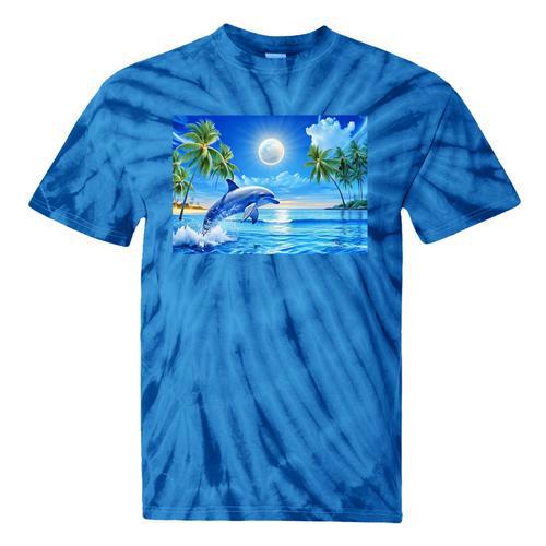 Frutiger Aero Dolphin Sunset Ocean With Palm Trees Y2k Premium Tie-Dye T-Shirts - Figerry