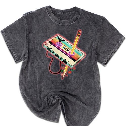 80s 90s Retro Halloween's Party Costume Nostalgia Cassette Mineral Wash Tshirts - Figerry