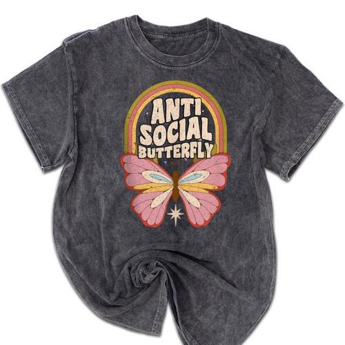 Anti-Social Introvert Butterfly Lover Mineral Wash Tshirts - Raresse