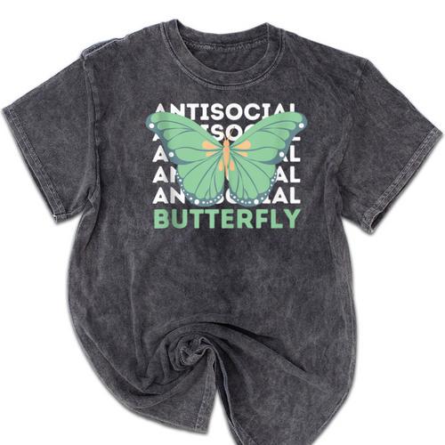 Anti-Social Introvert Butterfly Mineral Wash Tshirts - Raresse