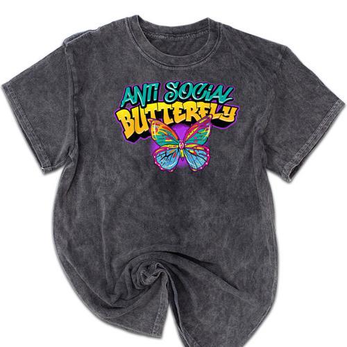 Antisocial Butterfly Shirts For Introvert Mineral Wash Tshirts - Raresse