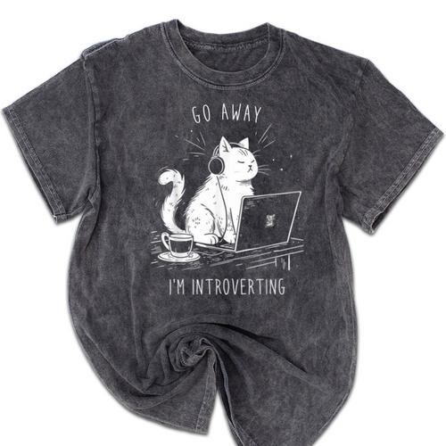 Antisocial Introvert Cat With Coffee On Computer Emo Goth For Men Women Mineral Wash Tshirts - Raresse