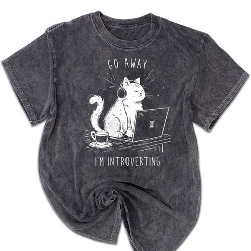 Antisocial Introvert Cat With Coffee On Computer Emo Goth Mineral Wash Tshirts - Raresse